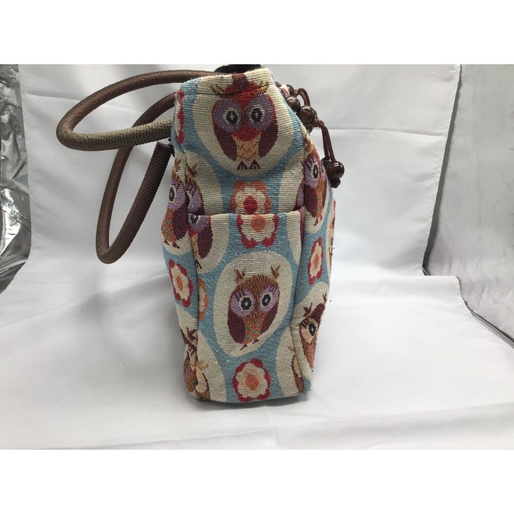 Owl Canvas Tote Handbag Zipper Lined Wooden Beads Shoulder Bag - Picture 4 of 10